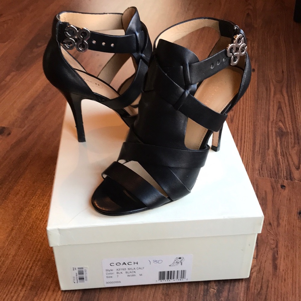 COACH black leather heels still with original box